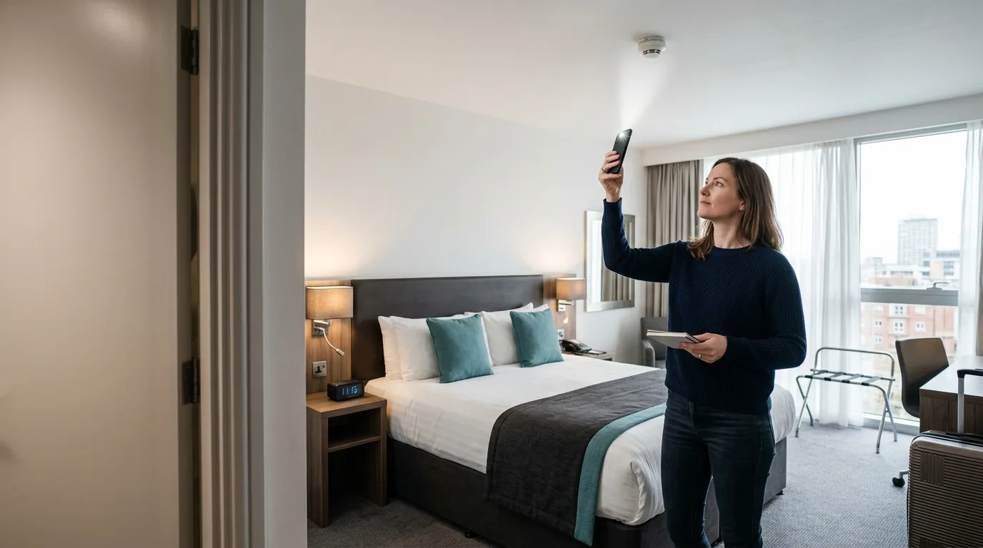 Traveler checking a hotel room smoke detector with a phone flashlight